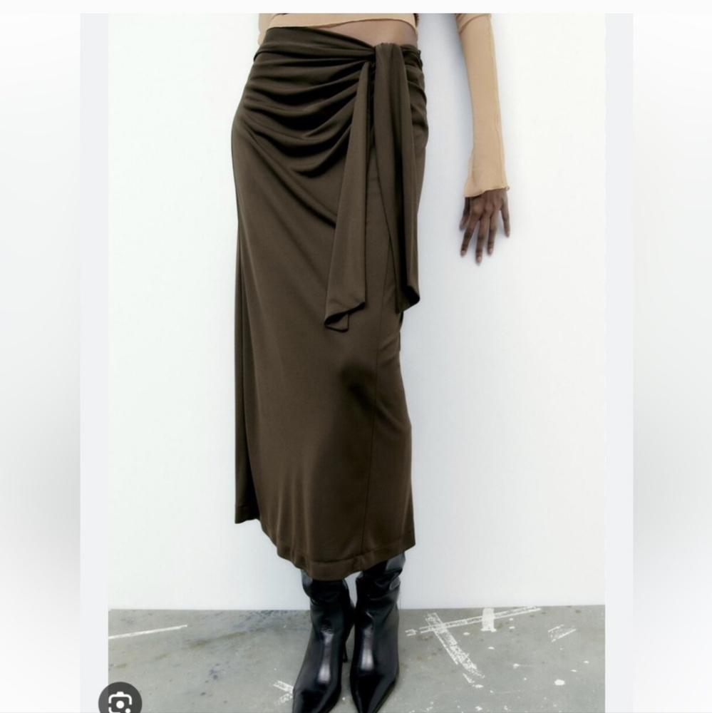 Bow Midi Skirt ZARA Dark Brown Sz.L NWT